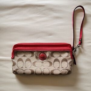 Coach Beige Signature Wristlet with Pink Trim